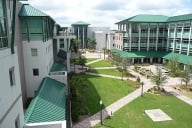 The Florida Gulf Coast University campus: buildings surround a rectangular grassy area.