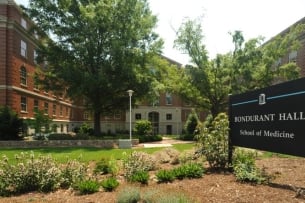 A picture of part of the University of North Carolina at Chapel Hill's campus, with a sign saying "Bondurant Hall School of Medicine."