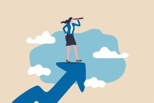 Illustration: Woman stands on upward moving arrow in the sky with clouds, looking through a telescope as if in a search for something