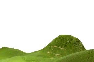 A landscape drawing of three green rolling hills.