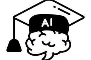 A black-and-white drawing of a human brain topped with a mortarboard bearing the letters "AI."