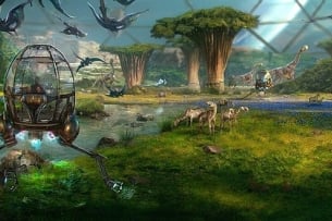 Landscape scene from prehistoric times with dinosaurs and a human flying in a orb-like craft